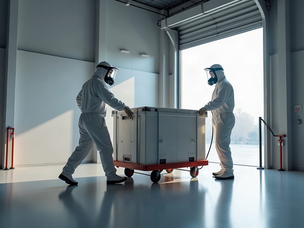 Trained crew in full PPE handling sealed containers
